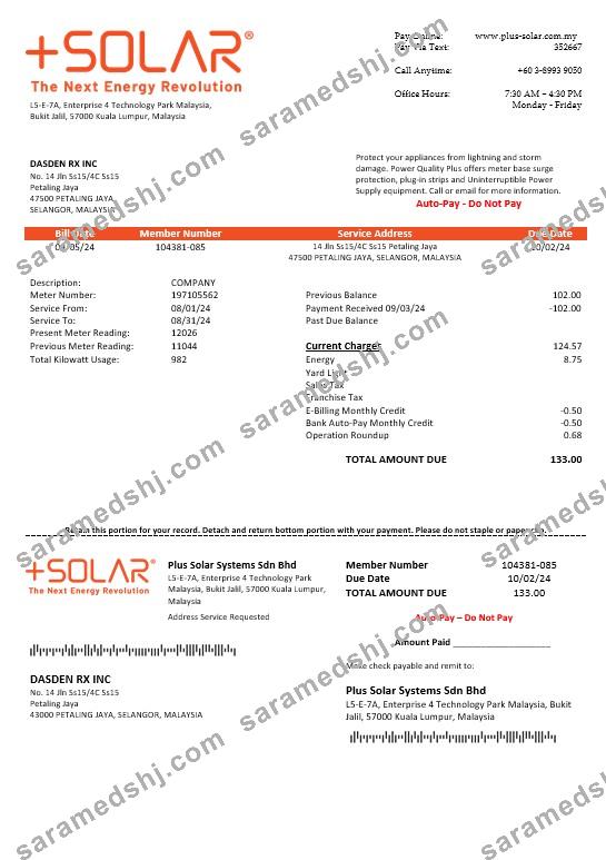 Malaysia Plus Solar Systems Sdn Bhd business utility bill template in Word and PDF formats